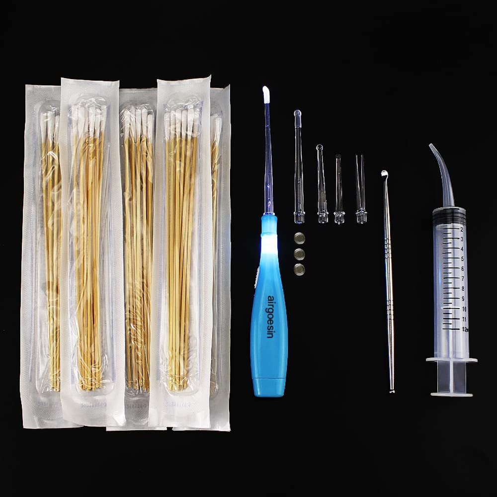 Airgoesin Tonsil Stone Remover, Stainless Steel Tonsil Stone Removal Tool, Long LED Tonsillolith Exorcism Kit, 50 Swabs and Curved Oral Irrigator Syringe to Get Rid of Bad Breath, 4 in 1 kit
