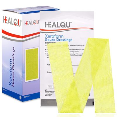 HEALQU Xeroform Petrolatum Dressing - 1"x8" - Non-Adherent Gauze Pad for Low Exudating Wounds - Fine Mesh Gauze Patch Sterile for Wound Care Lacerations, Burns & Skin Grafts Box of 10