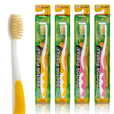 MOUTHWATCHERS Soft Childrens Flossing Manual Toothbrush, Value Pack of 4, Yellow and Pink, Toothbrushes for Kids & Teens, Ultra Clean, by Dr. Plotka's