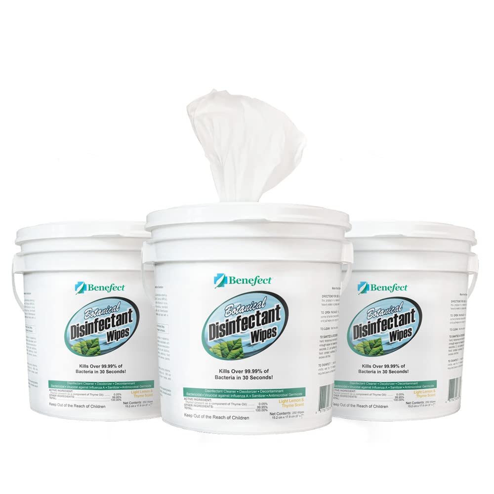 Benefect Botanical Disinfectant Wipes  750 Sanitizing Wipes. 3 Pack of 250 Wipes Per Unit - High Traffic - Gym Wipes, Schools and Food Safe Cleaning (250, 3)