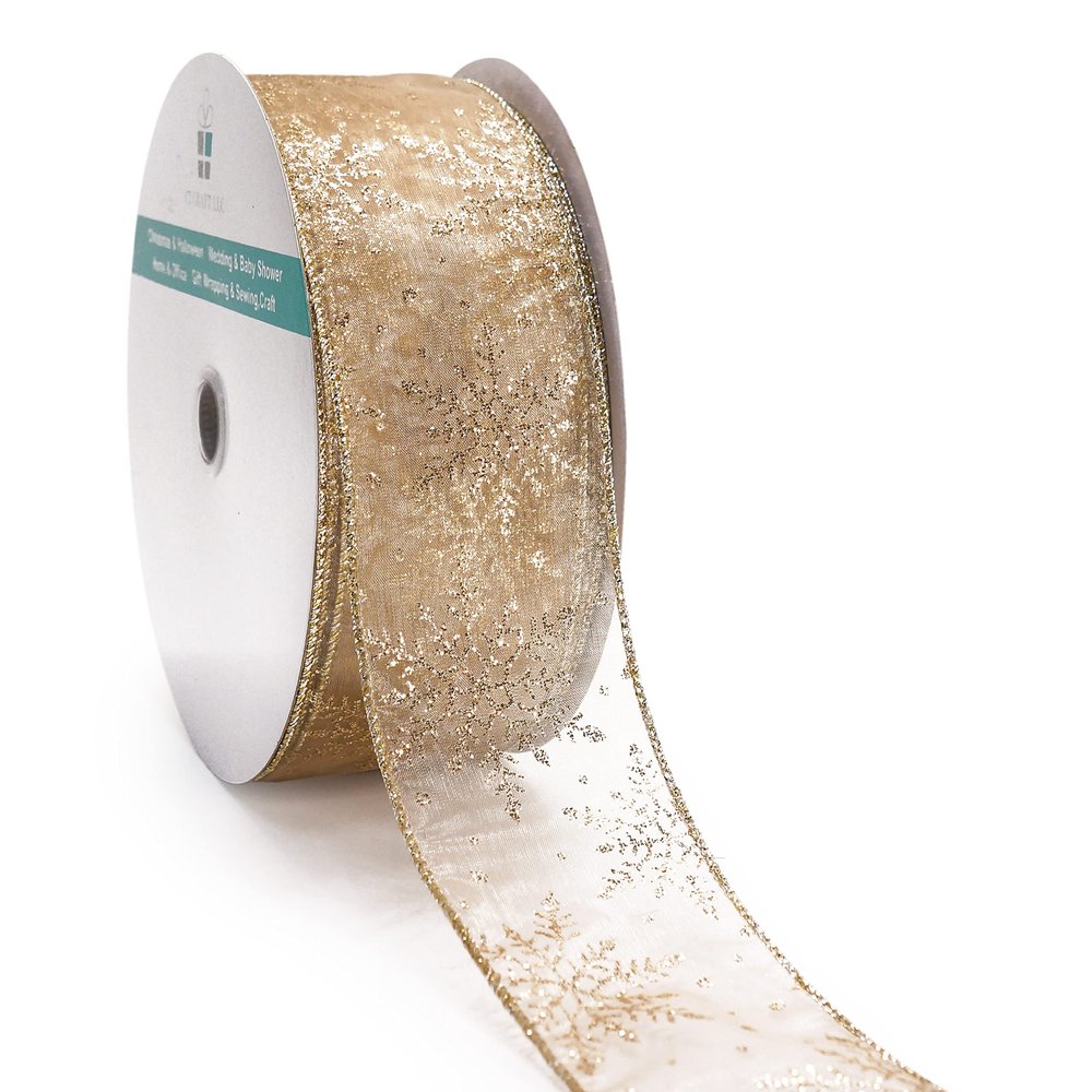 CT CRAFT LLC Organza with Champagne Gold Glitter Snowflakes Wired Ribbon 2.5 inch x 50 Yards for Christmas Home Decor Tree Topper Bow Gift Wrapping DIY Crafts Wreath Garland Wedding