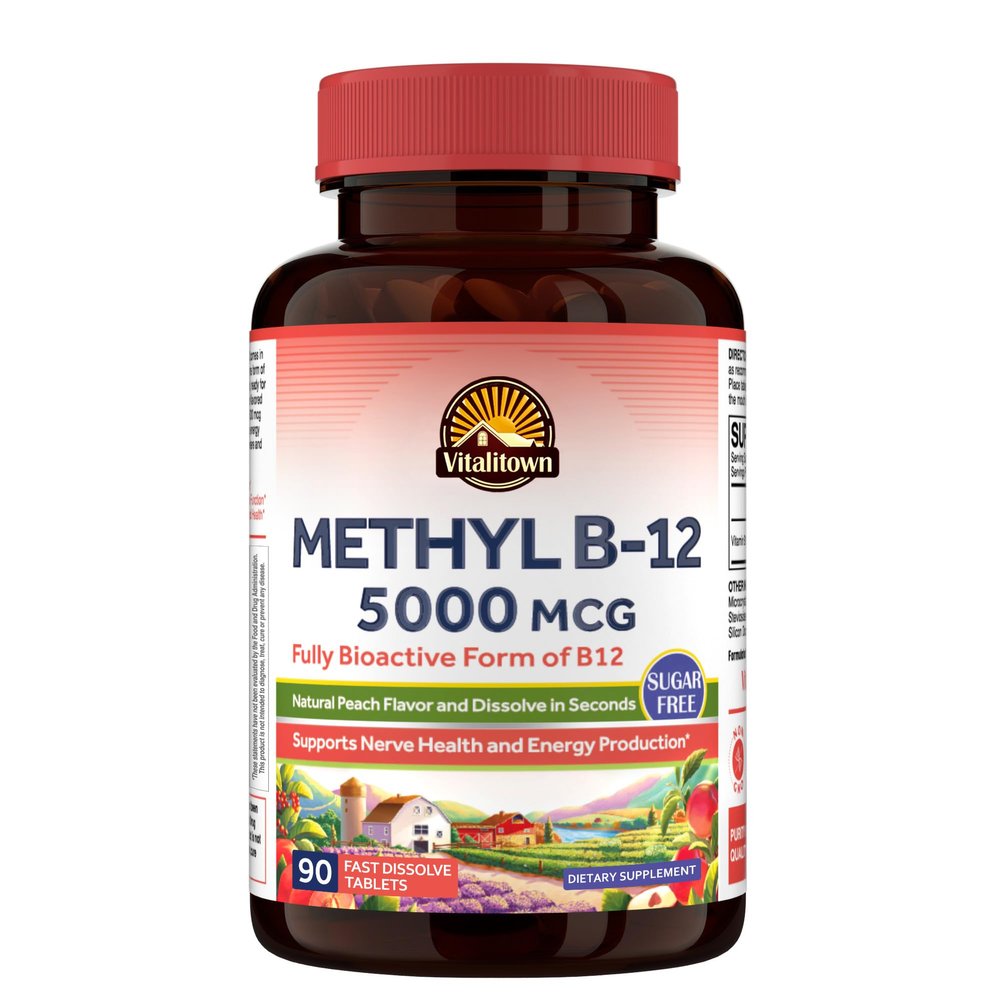 Vitalitown Vitamin B12 (Methyl B12) 5000 mcg, Fully Bioactive Form, Support Energy Production, Natural Peach Flavor, Zero Sugar, 90 Fast Dissolve Tablets