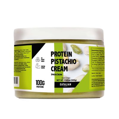 EATALIAN by AMZ BETTER Protein Cream, 17.63 oz/ 500 gr, Pistachio Paste with 94 g of Proteins, Made in Italy, Sweet and Unique, Taste Ideal on Bread and Excellent for Dubai Chocolate