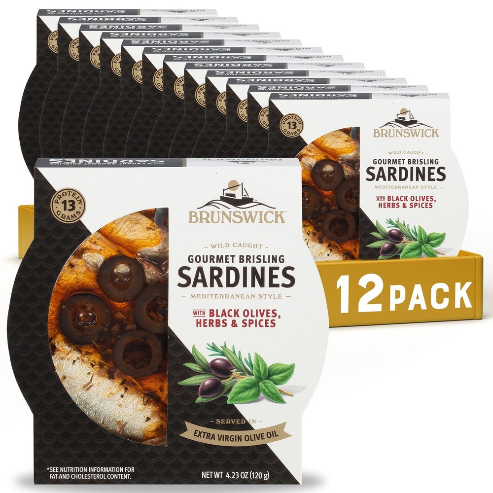 Brunswick Wild Caught Gourmet Brisling Sardines in Extra Virgin Olive Oil,Mediterranean Style,with Black Olives,Herbs and Spices,4.23 oz Can (Pack of 12)-Wild Caught Sardines-13g Protein per Serving
