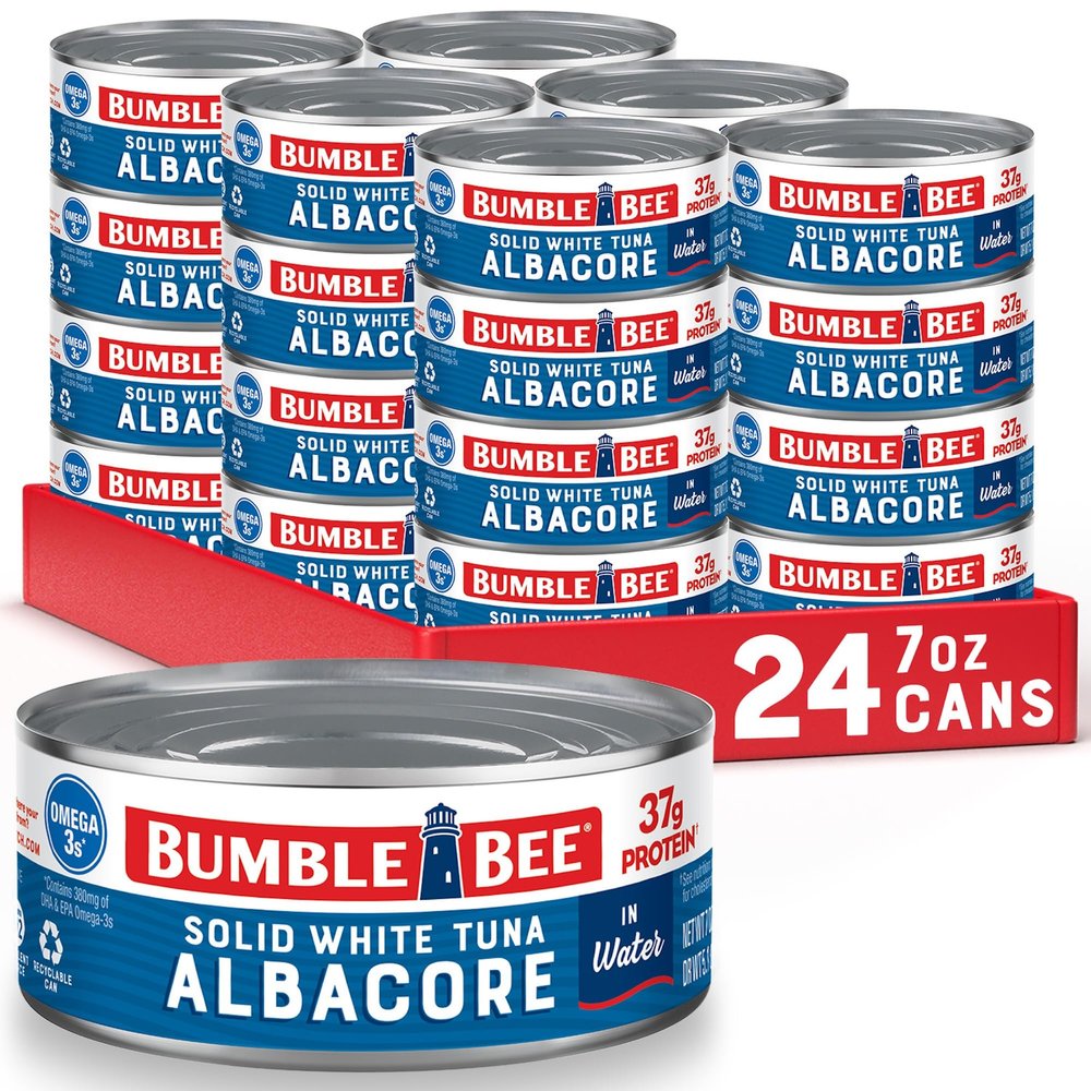 Bumble Bee Solid White Albacore Tuna in Water, 7 oz Can (Pack of 24) - Wild Caught Tuna - 37g Protein per Serving, High in Omega-3s - Non-GMO Project Verified, Gluten Free, Kosher