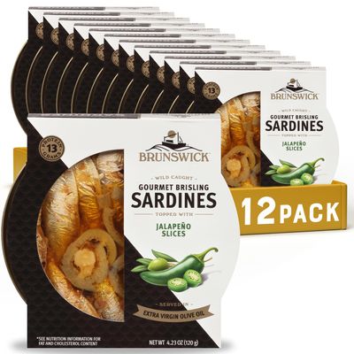 Brunswick Wild Caught Gourmet Brisling Sardines in Extra Virgin Olive Oil Topped with Jalapeo Slices,4.23 oz Can (Pack of 12)- Wild Caught Sardines- 13g Protein per Serving- Gluten No,Keto Friendly