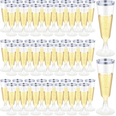 CHENGU 200 Pack Plastic Champagne Flutes, 5 oz Disposable Shatterproof Champagne Glasses Toasting Wine Glasses Cocktail Cups for Wedding, Parties, New Year's Eve for Celebration(Silver)