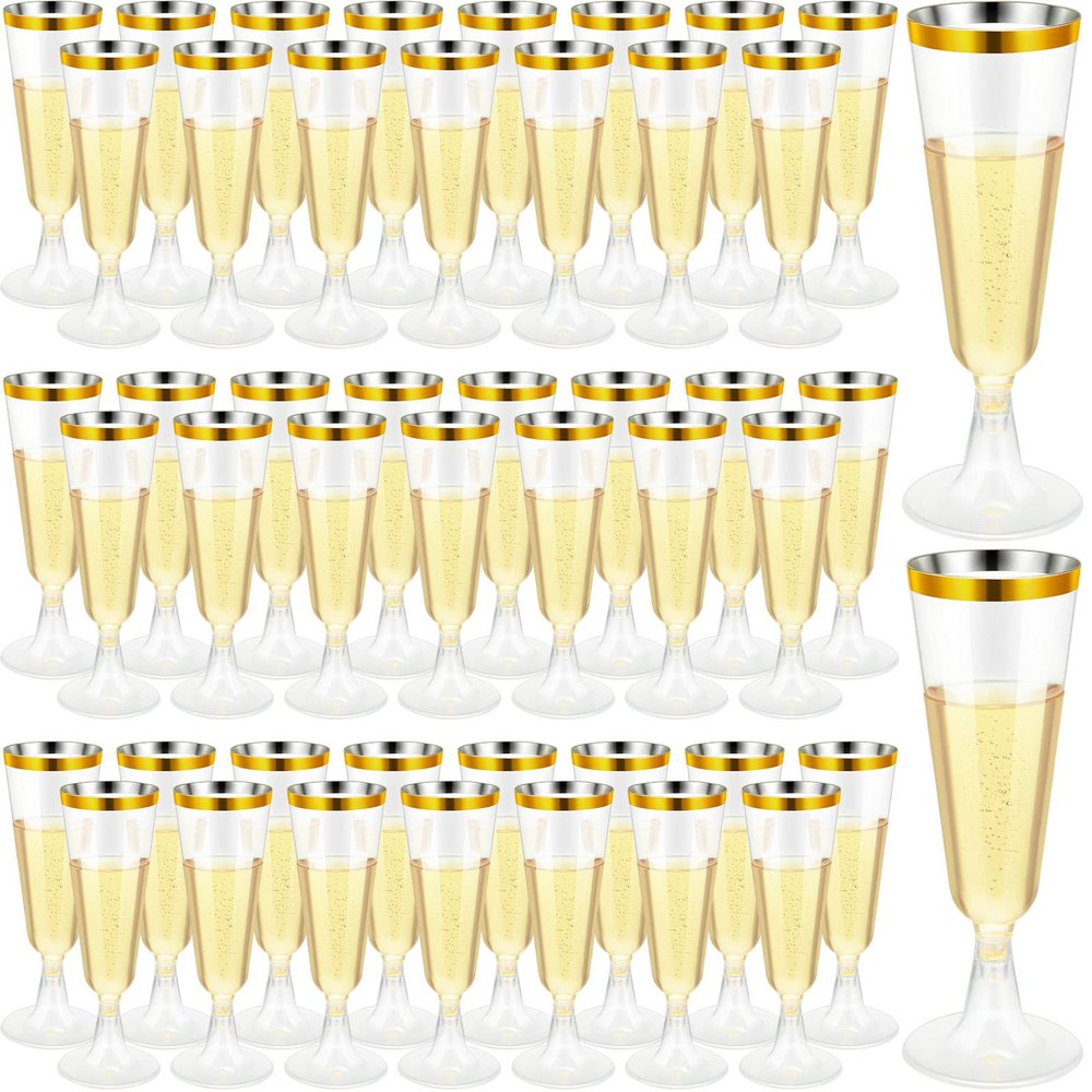 CHENGU 200 Pack Plastic Champagne Flutes, 5 oz Disposable Shatterproof Champagne Glasses Toasting Wine Glasses Cocktail Cups for Wedding, Parties, New Year's Eve for Celebration(Gold)