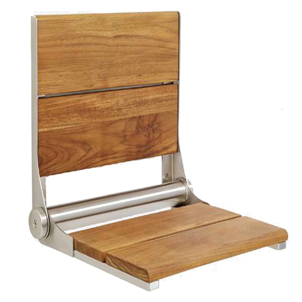 Teak Shower Seat - Contour Wood / Folding Wall Mount Bench for Inside Shower / ADA Safety Assist / 304 Stainless Steel / Brushed Finish / 26" x 16"