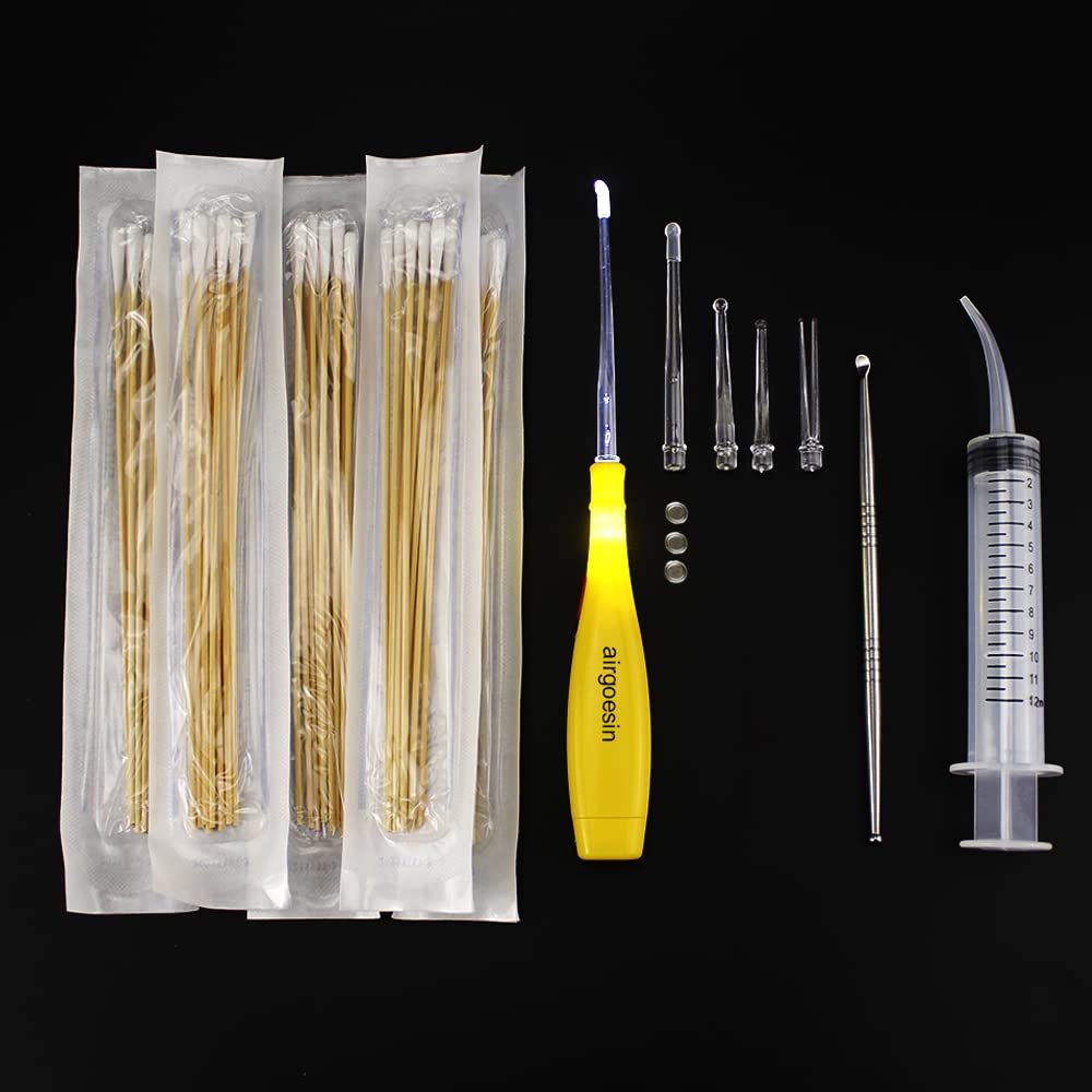 Airgoesin Tonsil Stone Remover, Stainless Steel Tonsil Stone Removal Tool, Long LED Tonsillolith Exorcism Kit, 50 Swabs and Curved Oral Irrigator Syringe to Get Rid of Bad Breath, 4 in 1 kit