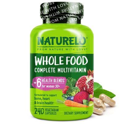 NATURELO Whole Food Multivitamin for Women 50+ (Iron Free) with Vitamins, Minerals, & Organic Extracts - Supplement for Post Menopausal Women Over 50 - No GMO - 240 Vegan Capsules