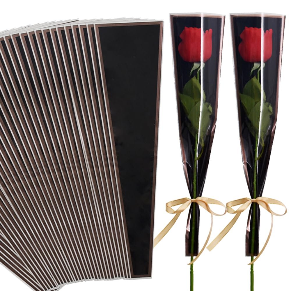 BEISHIDA 50 PCS Single Rose Sleeve Plastic Flower Wrapping Bags Cellophane Flower Sleeves for Florist Bouquet Supplies Mother's Day Valentine's Day (Black and Champagne)