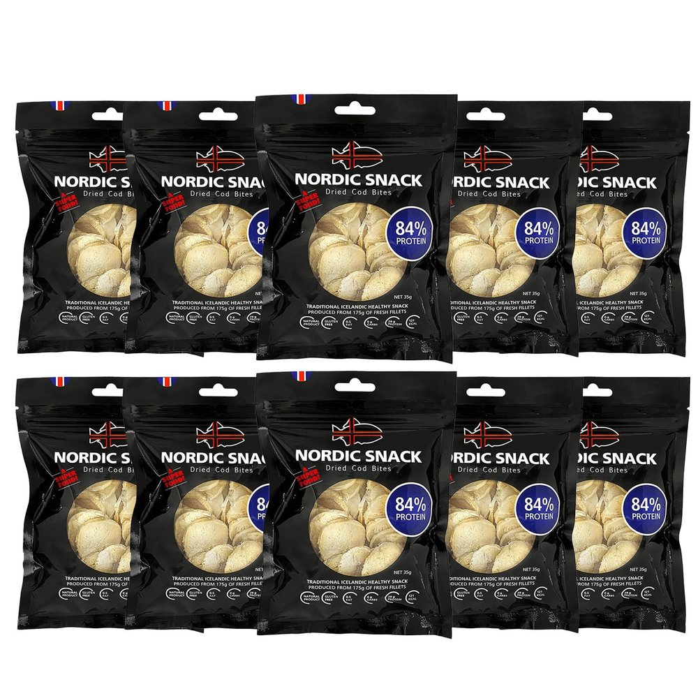 Nordic Catch Freeze Dried Cod Bites - High Protein Crisps Made From Wild-Caught Icelandic Cod Fish - Keto Protein Snacks, High Protein Chips, Healthy Snack with Omega-3s, 35g Resealable Bag - 10 Pack