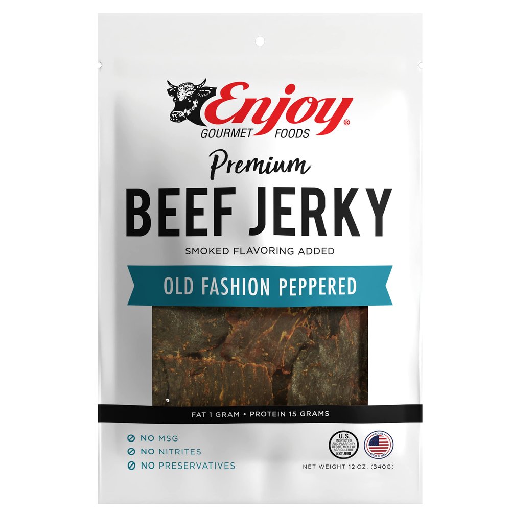 Enjoy Old Fashion Peppered Beef Jerky 12 oz (Pack of 1) | Traditional Style | High Protein | Low Fat | Zero Trans Fat | No Preservatives | No MSG | No Nitrites | USA Made | Resealable Bag