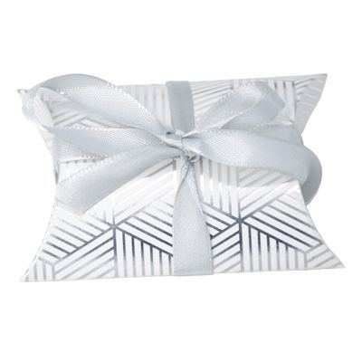 Aokbean 100 Pack Mini Pillow Candy Box Small Gift Boxes with 50 Yards Ribbon for Christmas Wedding Party Favor Gift, Jewelry or Soap Packaging (Silver Stripes)
