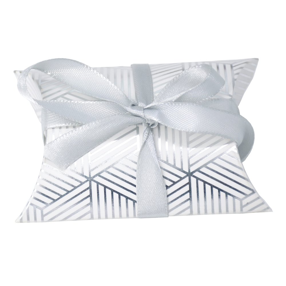 Aokbean 100 Pack Mini Pillow Candy Box Small Gift Boxes with 50 Yards Ribbon for Christmas Wedding Party Favor Gift, Jewelry or Soap Packaging (Silver Stripes)