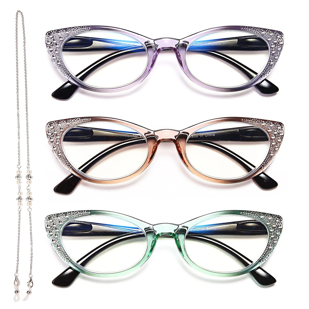EYEURL Cat Eye Reading Glasses for Women Blue Light Blocking 3 Pack Computer Readers with Spring Hinge Lightweight Eyeglasses Anti Glare Filter, 0.75