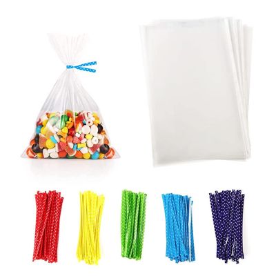 Newkita 100PCS Small Cellophane Bags, 5x7 Clear Gift Rice Crispy Candy Cake Pop Party Favor Bags with 4 Ties Christmas Thanksgiving Halloween Treat bags