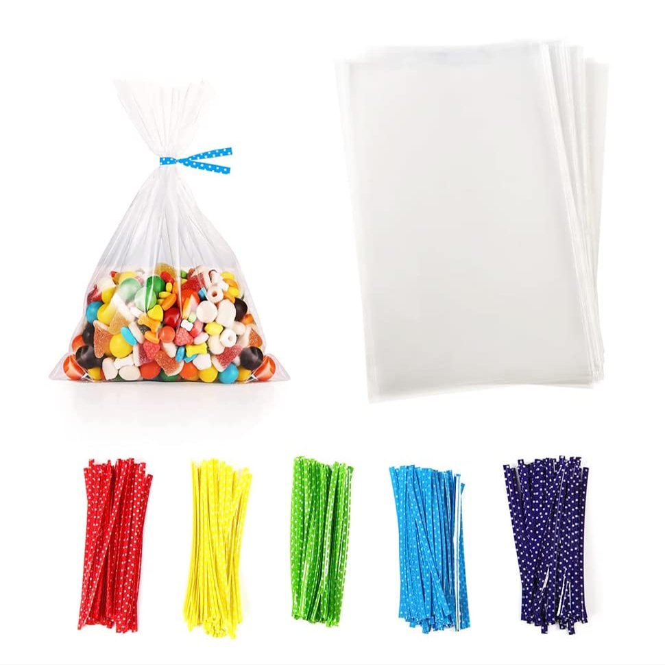 Newkita 100PCS Small Cellophane Bags, 5x7 Clear Gift Rice Crispy Candy Cake Pop Party Favor Bags with 4 Ties Christmas Thanksgiving Halloween Treat bags