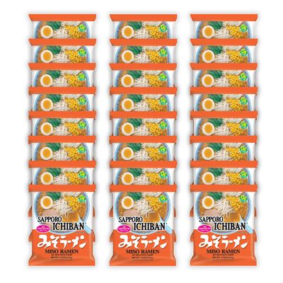 [SAPPORO ICHIBAN] Miso Flavor Ramen Noodles, No. 1 Tasting Japanese Instant Noodles (3.5 Oz. x 24 pouches)