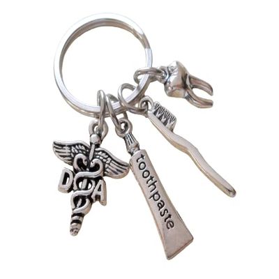 JewelryEveryday Dental Assistant Keychain With Tooth, Toothbrush, Toothpaste & DA Medical Charm, For Employee Appreciation