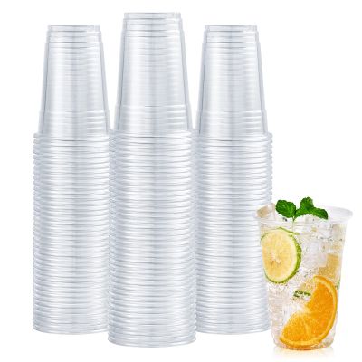 Turbo Bee 100 Pack 16 OZ Clear Plastic Cups, Disposable Crystal Plastic Party Cups for Iced Coffee, Smoothie, Slurpee, or Any Cold Drinks