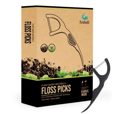 Natural Dental Floss Picks (300 Count) - Kraft Paper Box Packaging, Plant Based, PETA Approved Vegan, Eco Friendly, Sustainable Dental Flossers - Twin Floss (Charcoal)