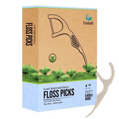Natural Dental Floss Picks (300 Count) - Kraft Paper Box Packaging, Plant Based, PETA Approved Vegan, Eco Friendly, Sustainable Dental Flossers - Twin Floss (Mint)
