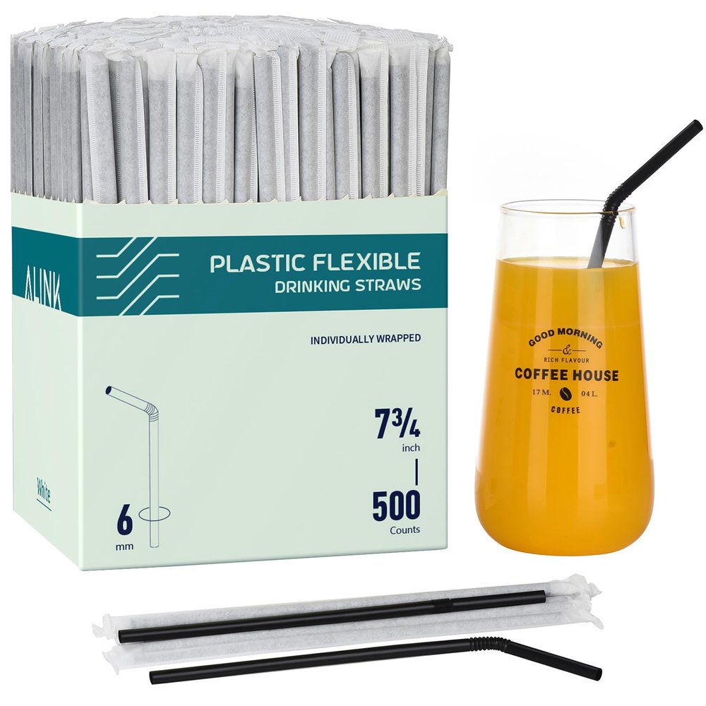 ALINK 500 Count Black Plastic Flexible Drinking Straws, Individually Wrapped Plastic Disposable Bendy Straws - 7.75" x 0.23"