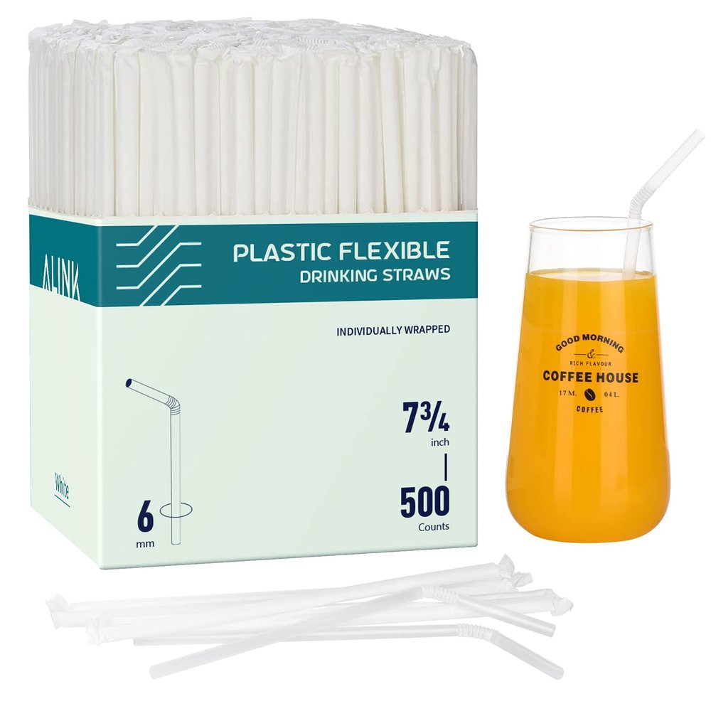 ALINK 500 Counts Clear Flexible Drinking Straws, Individually Wrapped Plastic Disposable Bendy Straws - 7.75" x 0.23"