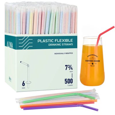 ALINK 500 Count Colorful Plastic Flexible Drinking Straws, Individually Wrapped Plastic Disposable Bendy Party Straws - 7.75" x 0.23"