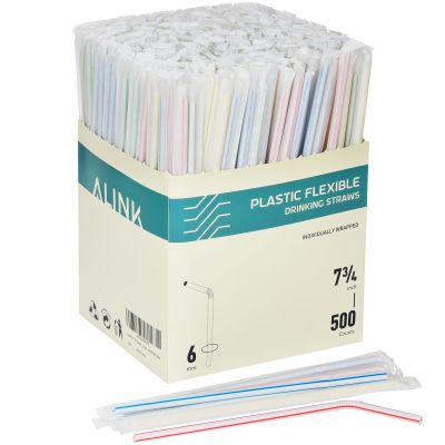 ALINK 500 Counts Striped Flexible Drinking Straws, Individually Wrapped Plastic Disposable Bendy Straws - 7.75" x 0.23"