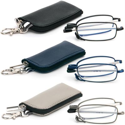 3 Pack Folding Reading Glasses with Keychain Compact Bags Women Men Blue Light Blocking Spring Hinge Portable Pocket Readers,Black Grey and Blue 2.0