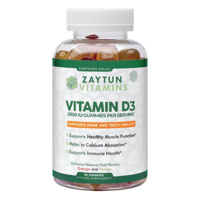 Zaytun Halal Vitamin D3 2000 IU Gummies, Supports Bone & Immune Health, Promotes Muscle Function, Gluten & Gelatin Free, 90 Natural Fruit Flavor Gummies, Made in USA - Halal Vitamins