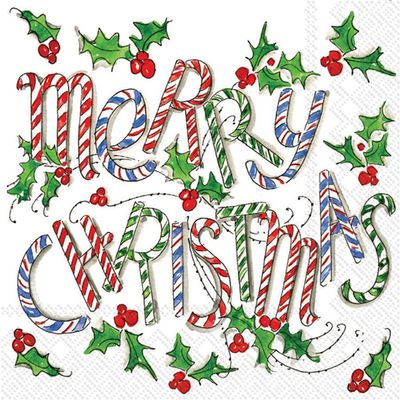 Boston International Rosanne Beck Winter Holiday Christmas IHR 3-Ply Paper Napkins, 20-Count Lunch Size, Merry Christmas Cane