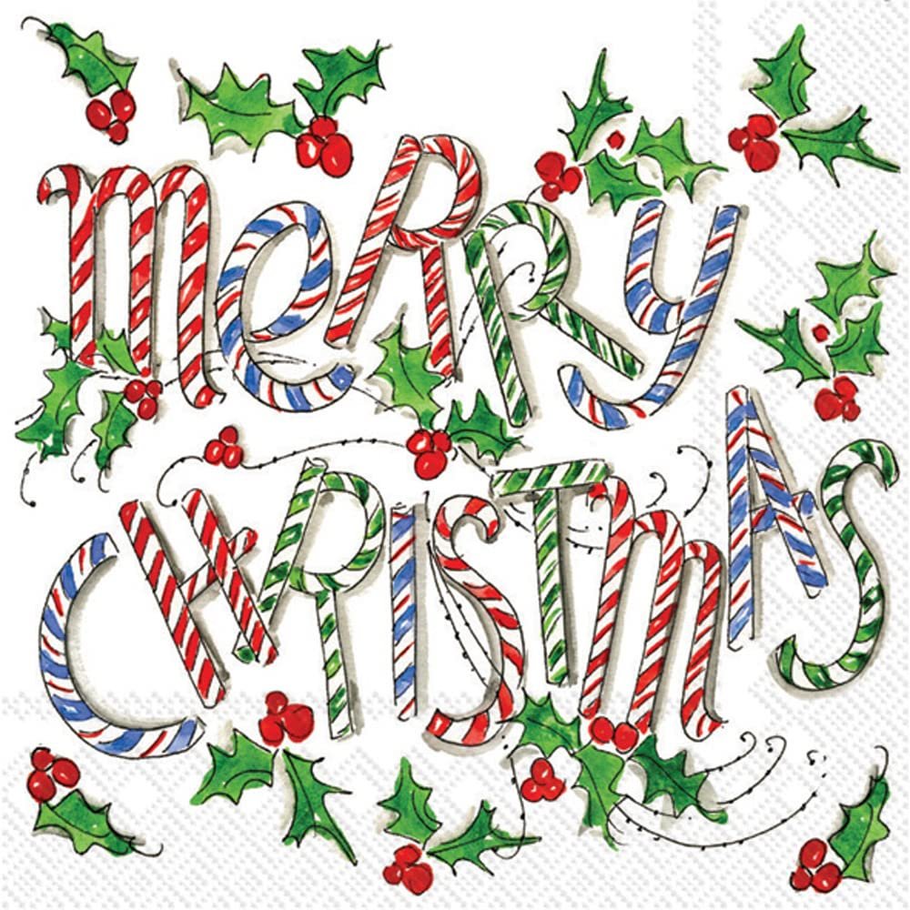 Boston International Rosanne Beck Winter Holiday Christmas IHR 3-Ply Paper Napkins, 20-Count Lunch Size, Merry Christmas Cane