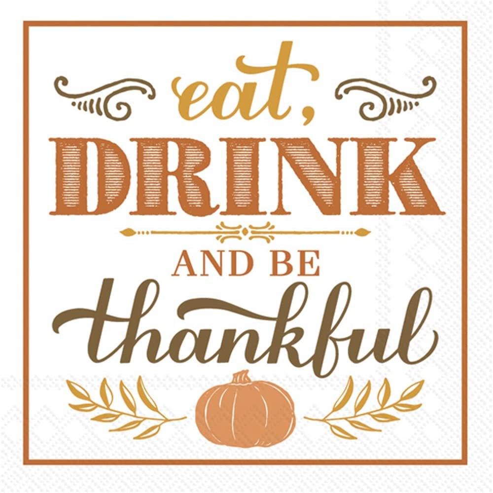 IHR Ideal Home Range Cocktail Napkins Rosanne Beck Disposable 3-Ply Paper Party Napkin Pack, 5" x 5", Eat Drink Be Thankful, 20-Count