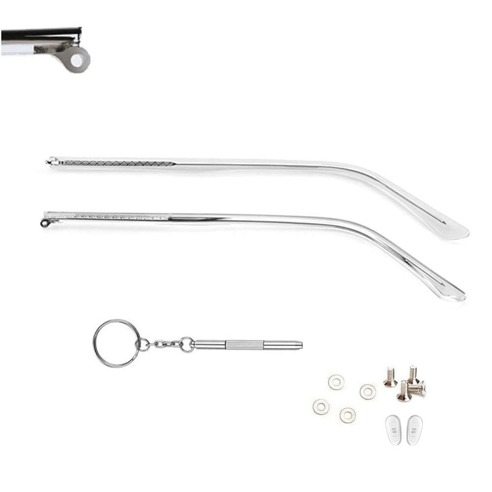 QYAJS 1 Pair Clear Metal Glasses Replacement Temple Eyeglasses Arms Legs, Screws, Screw washers and 3-in-1 Screwdriver Single Teeth Convex Teeth