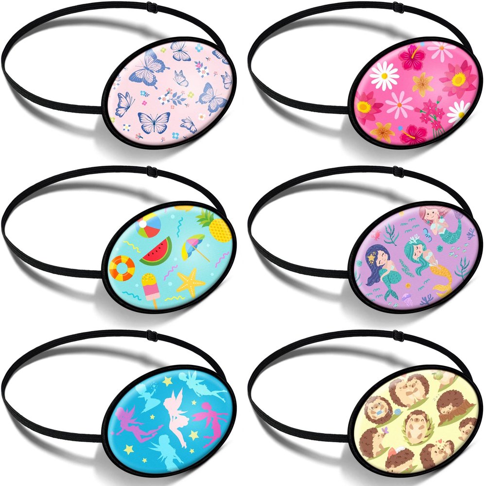 6 Pcs Eye Patches for Kids, Silk Cute Lazy Patch with Elastic Strap for Single Right or Left Eye 6 Styles