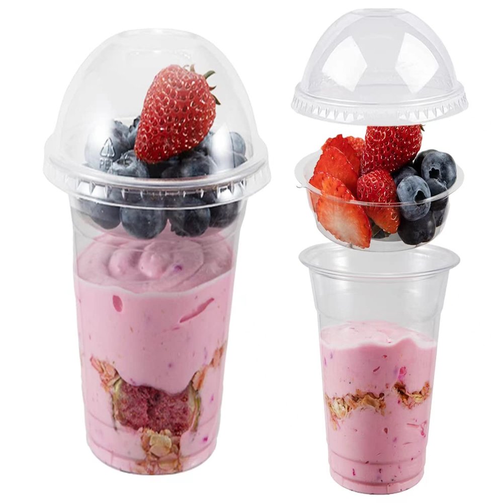 50 Sets 12 oz Clear Plastic Parfait Cups with INSERT & DOME Lids(NO HOLE) - Disposable Dessert Cups with Lids for Kids, Dips Snacks and Veggies, Fruit Yogurt Smoothie Iced Cold Drinks, No Leaking