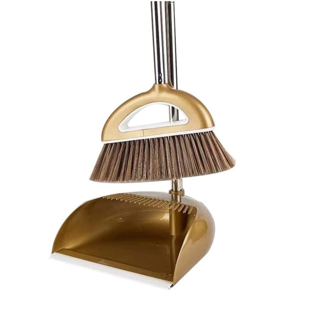 UOOD Dust Broom Plus Dustpan with Brush Set Cleans Broom Combo with Long Extendable Handle Sweeper and Dust pan for Home Kitchen Room Office Lobby Set (Color : Gold)
