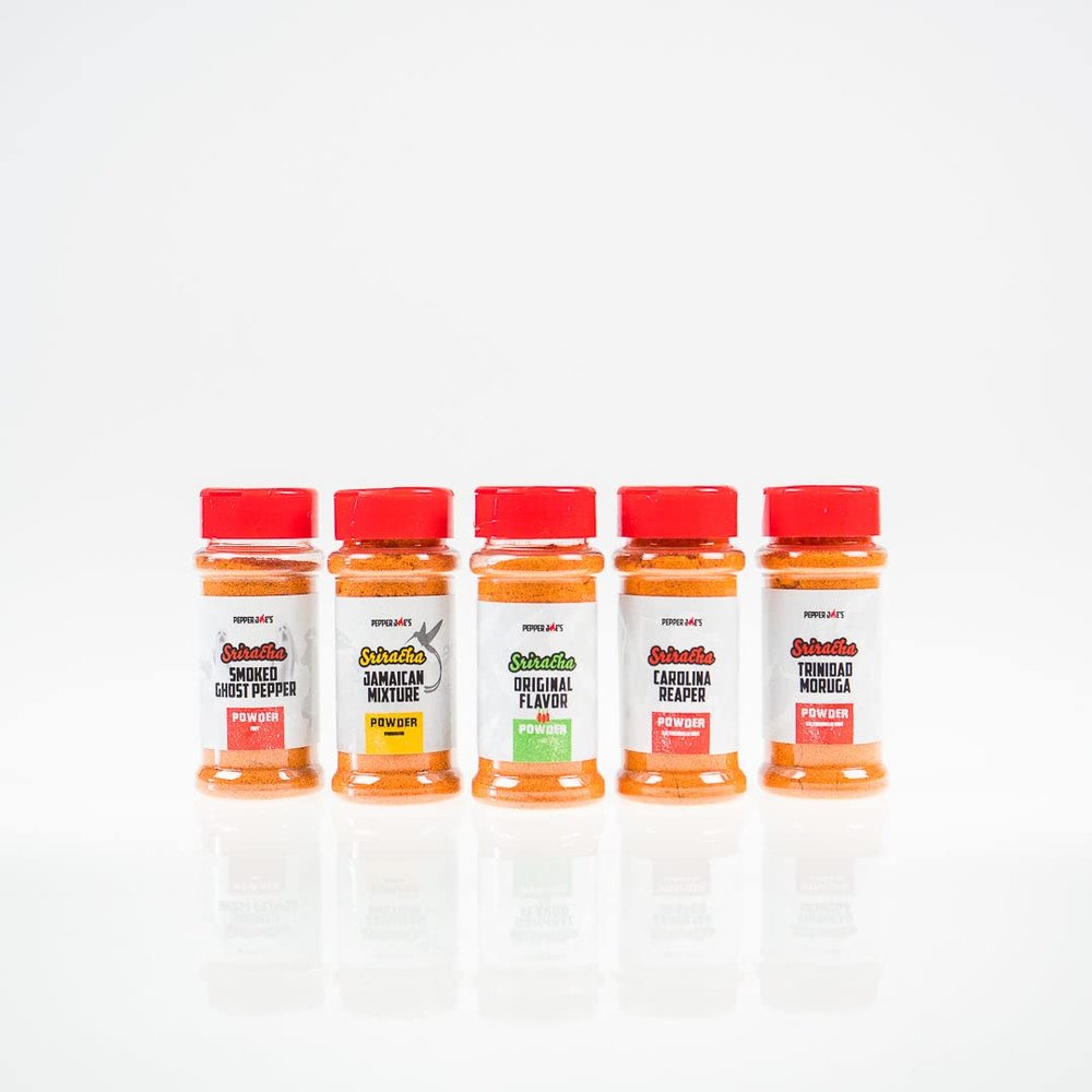Pepper Joes Dried Sriracha Powder Gift Set  5 Unique Mild to Super-Hot Dried Sriracha Seasonings in 2oz Shaker Jars  10oz Total  Finely Ground Sriracha Rub for Cooking