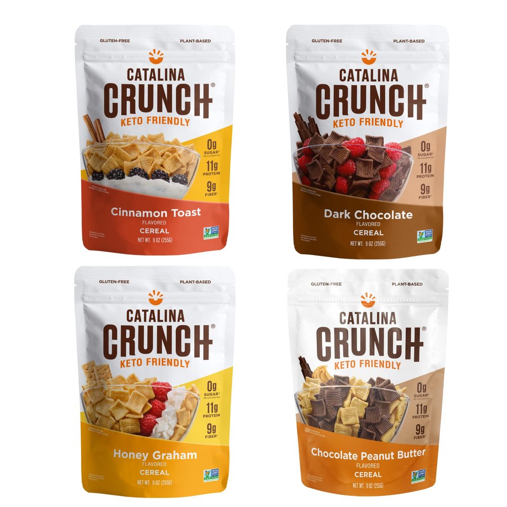 Catalina Crunch Keto Cereal Variety Pack (4 Flavors), 9oz bags | Low Carb, Zero Sugar, Gluten & Grain Free, Fiber | Keto Snacks, Vegan Snacks, Protein Snacks | Breakfast Protein Cereal | Keto Friendly Foods