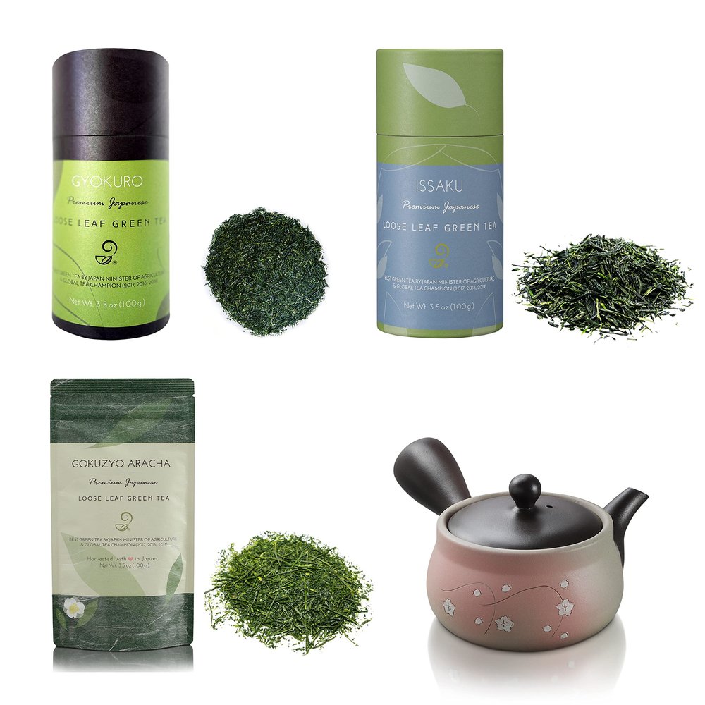 Gyokuro, Issaku and Gokuzyo Aracha teas and Japanese Teapot Tokoname Kyusu Set from Japanese Green Tea Co  Premium Japanese Green Tea Assortment  Delicate Flavor