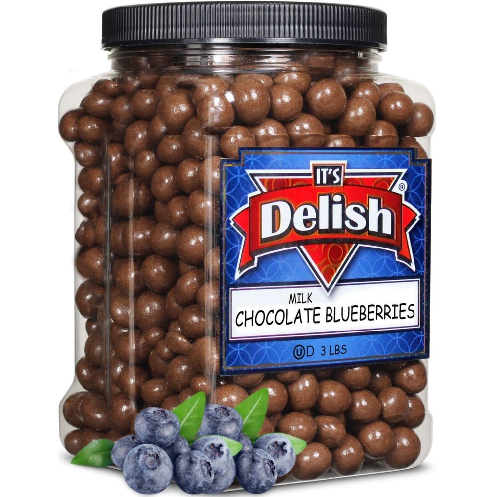 Gourmet Milk Chocolate Covered Blueberries - by It's Delish, 3 LBS Jumbo Container Jar | Bulk Chocolate Coated Dried Fruit Berries for Parties Snacking & Dessert | Kosher Dairy