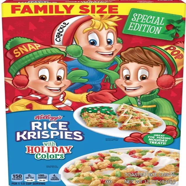 Rice Krispies Breakfast Cereal, Christmas Pack, Family Size, Original with Holiday Colors, 12oz Box (1 Box)
