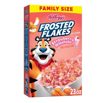 Kellogg's Frosted Flakes Cold Breakfast Cereal, 8 Vitamins and Minerals, Kids Snacks, Family Size, Strawberry Milkshake, 23oz Box (1 Box)