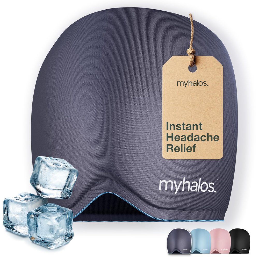 MyHalos Migraine Relief Cap,30% Thicker,2X More Cooling Gel -Stays Colder for Longer, Ice Hat, Ice Pack Head Wrap, Cold Headaches & Migraine Mask - Tension Headache Relief Cap (Gray) FSA|HSA Eligible
