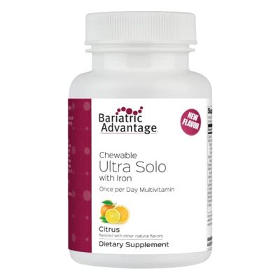 Bariatric Advantage Chewable Ultra Solo with Iron - Once-Per-Day Daily Multivitamin - for Bariatric Patients - with Thiamin, Vitamin A & More - Gluten Free - Citrus - 30 Tablets