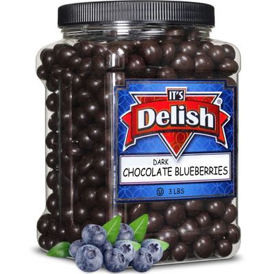 Gourmet Dark Chocolate Blueberries by Its Delish, 3 LBS Jumbo Container Jar | Dark Chocolate Covered Fruit with Real Dried Blueberries | Kosher and Vegan Snack